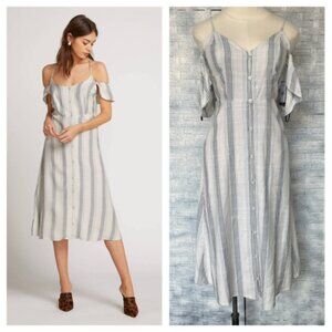 VOLCOM XS Winding Roads Midi Dress Striped Cold Shoulder Button‎ Front Strappy